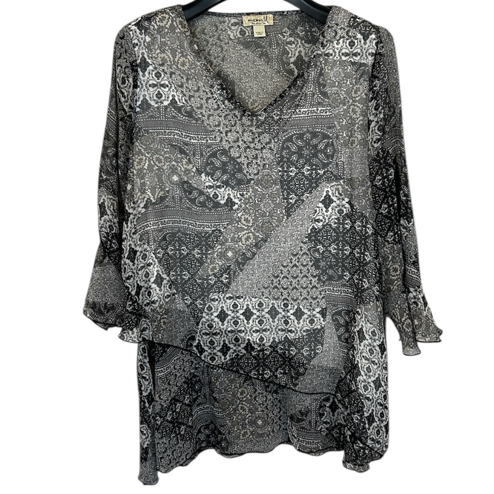 OneWorld Live Let Live Black White Sheer Patchwork Paisley Blouse Womens Large